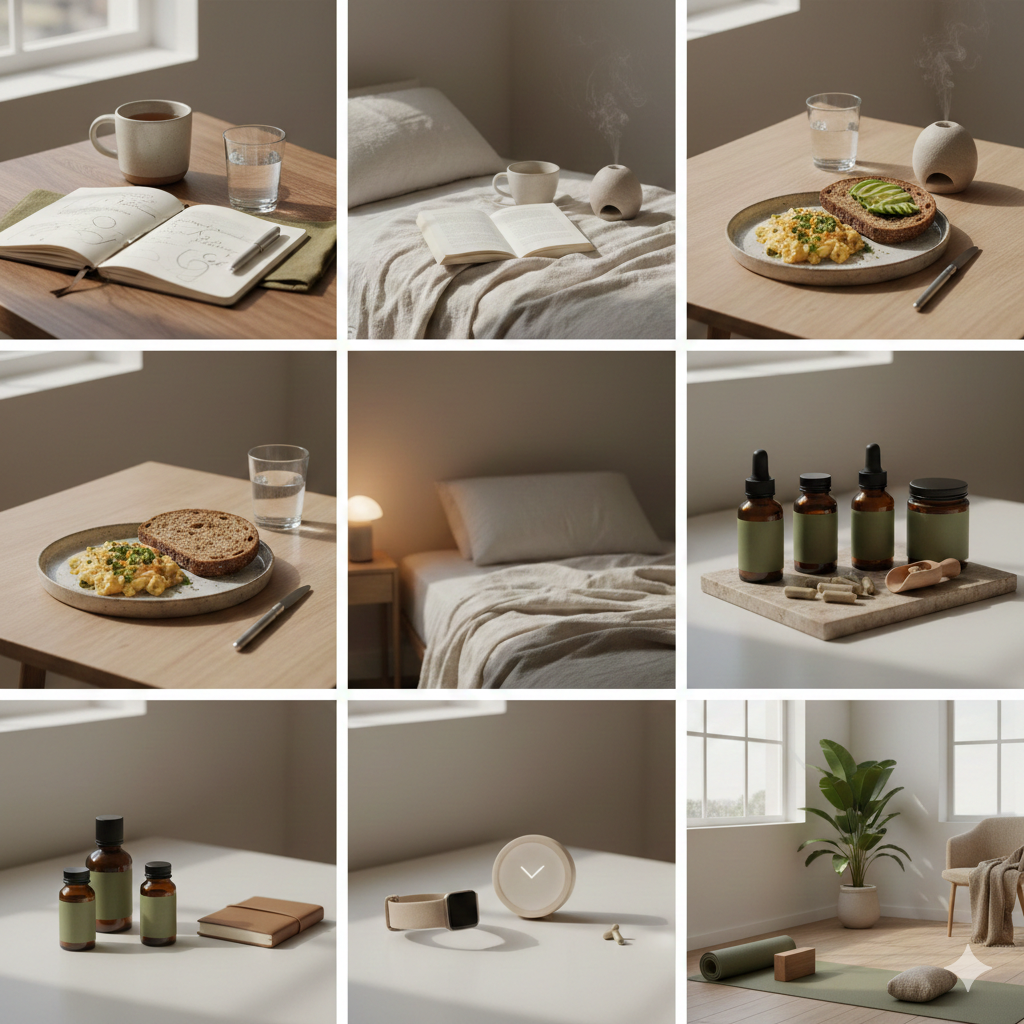 Mockup lead magnetu w kontekście użycia: rytm dnia, sen, jedzenie i suplementy w estetyce biohacking.concept.